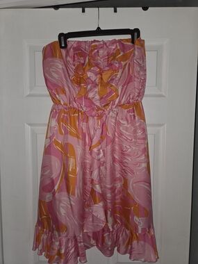 Lilly Pulitzer Pink and Orange Silk Flamingo Strapless Dress